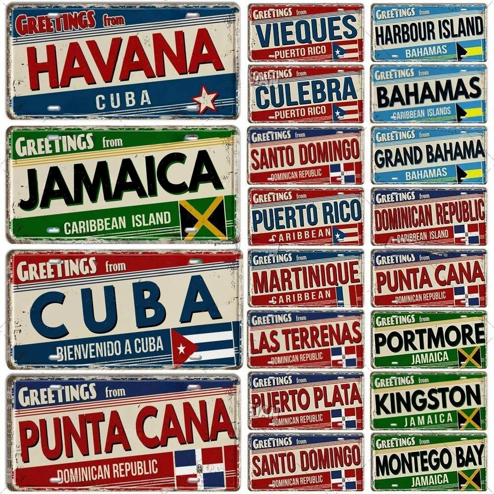 Cuba Jamaica Dominican Caribbean Bahamas Puerto Rico Landmark Aluminum Plate Greetings From City Metal Sign Bar Hotel Wall Decor