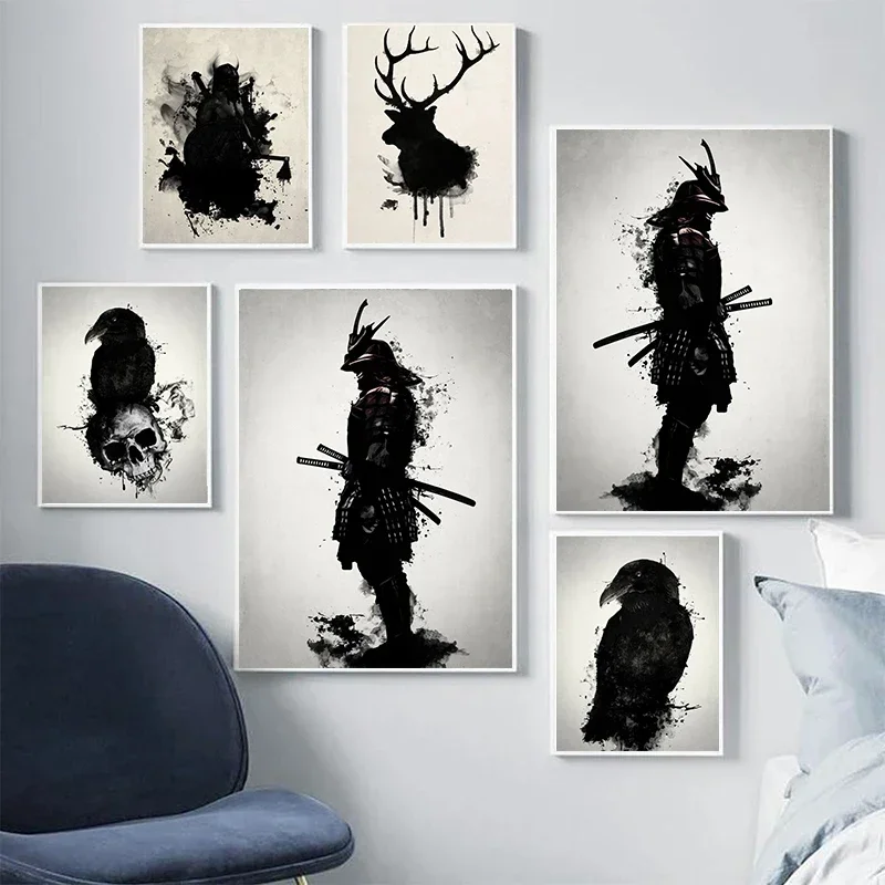 Black And White Samurai Portrait Jungle  Japanese Warrior Minimalist Wall  Canvas  Posters for Home Decor