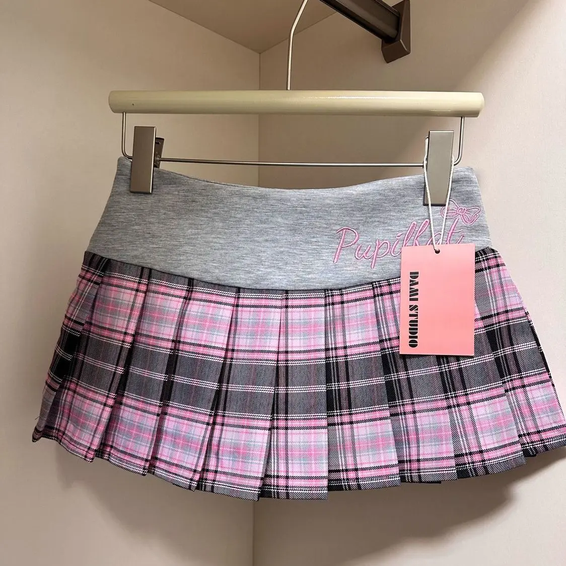 High Waist Plaid Embroidered A-Line  Skirt Women's Summer New Style Sexy Girl Anti-Light JK School Uniform Short Skirt