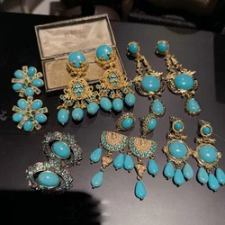 Women Vintage Natural Turquoise Long Earrings 2025 New Temperament 18K Gold