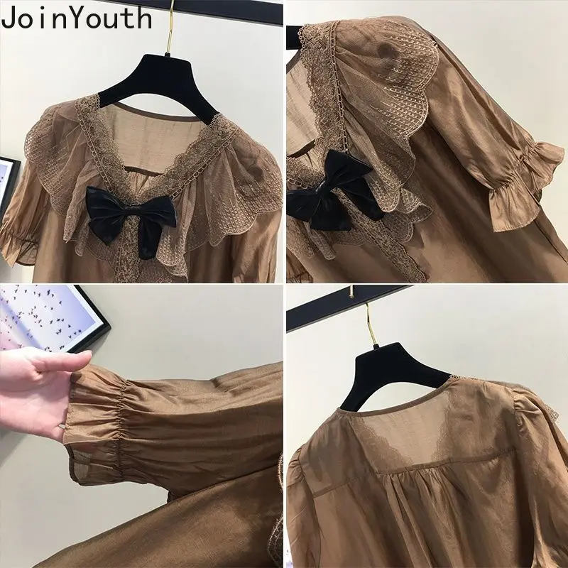 Korean Blouse Women Clothing 2024 Camisas De Mujer Summer Chiffon Shirts V-neck Short Sleeve Patchwork Lace Bow Chic Tops 7o267