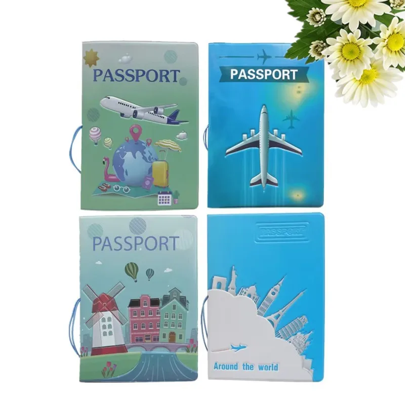 Unisex Airplane Around The World Passport Holder 3D Embossed Hot Air Balloon Windmill Globe Landmarks PVC Leather Passport Cover