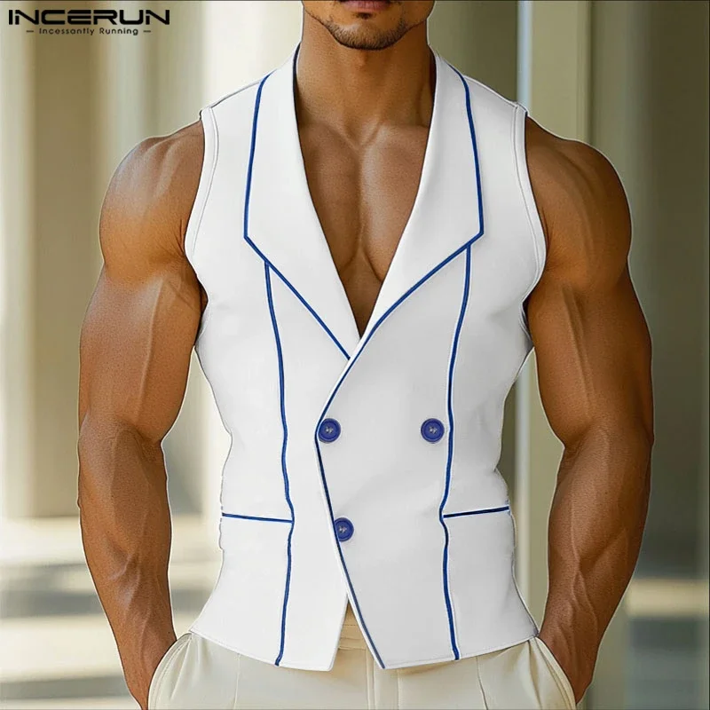 

INCERUN Men Vests Printing Color-block Lapel Sleeveless Button Casual Male Waistcoats Streetwear 2025 Fashion Leisure Vests Men