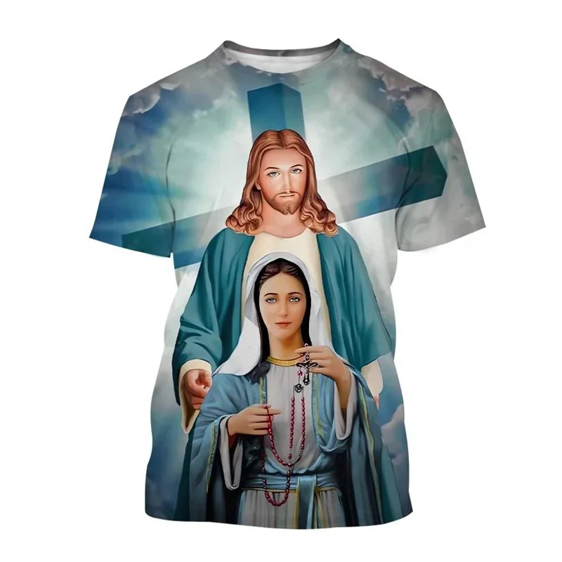 Summer Men Kids Virgin Mary 3D Print T-shirt Christian Jesus T-shirt for Casual Western European Short Sleeves Women Tops Tee