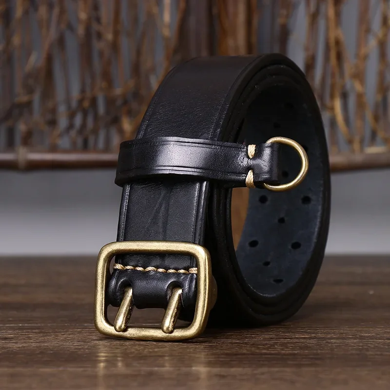 3.8CM Mens Pure Cowhide Genuine Leather Belt Vintage Jeans Belt Strap Double Pin Brass Buckle Designer Belts for Men Male Jeans