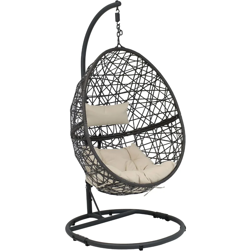 

Caroline Style Egg Swing Chair with Steel Base - Wicker Basket Design - Complete with Beige Cushions