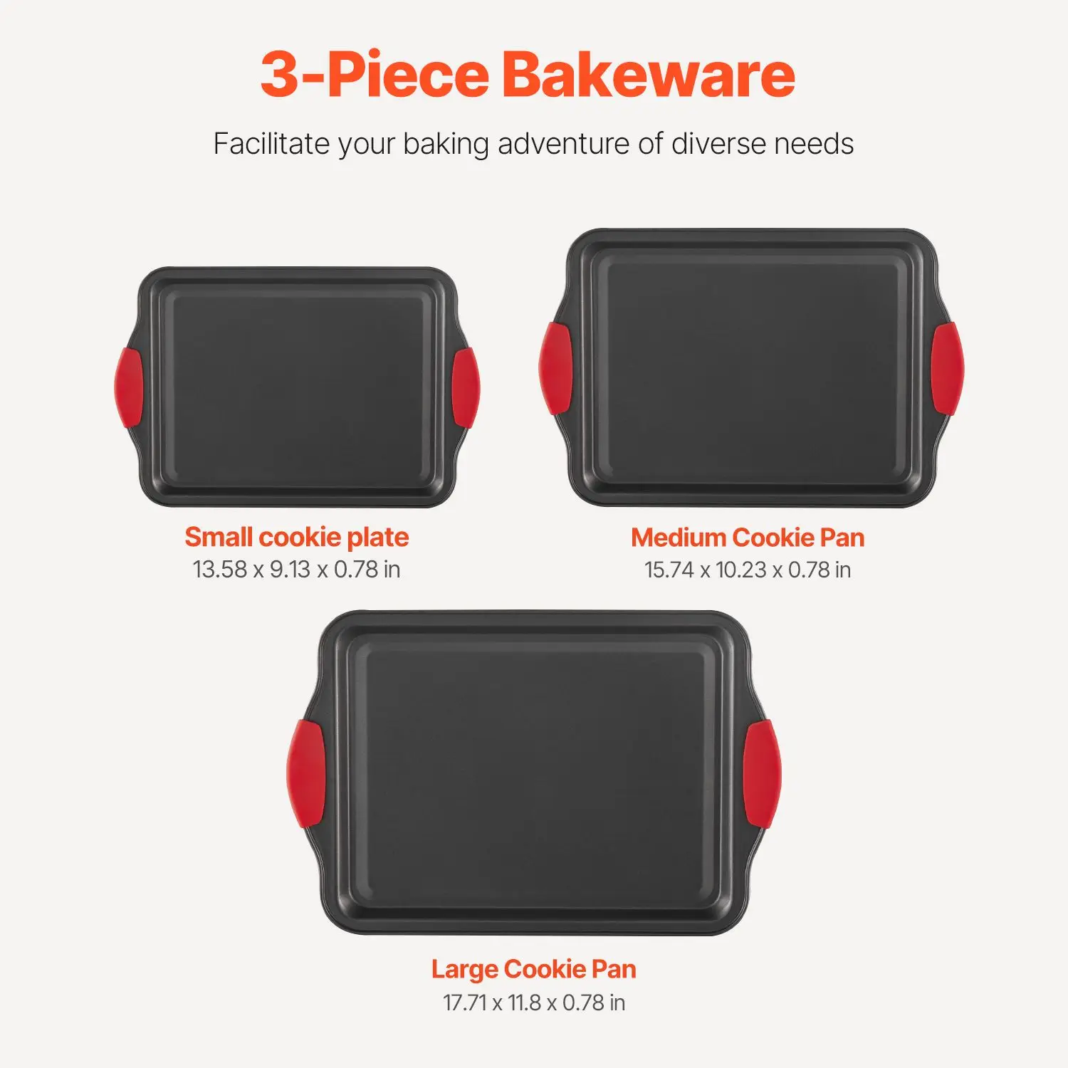 Baking Pans Set, 3-Piece, Nonstick Carbon Steel Cookware Sheets & Trays, Stackable Kitchen Oven Bakeware Cooking Sets with Silicone Handles, Easy to Clean, for Baking Cookie Cake Muffin Bread