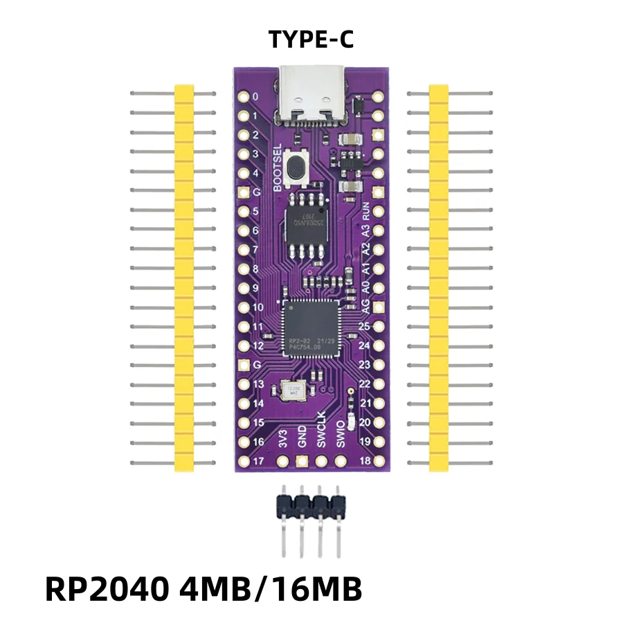 Raspberry Pi Pico RP2040 Board Lite Purple 4MB/16MB Flash Dual-Core ARM Cortex-M0+ Processor USB Type-C for Arduino MicroPython