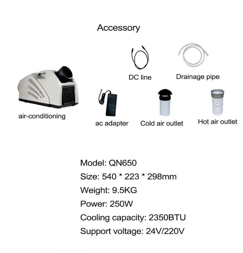 휴대용 에어컨, 저전력 소비, 24VDC AC100V-240V60HZ, 밴 라이프, 캠핑 텐트, 야외 실내용, 2599BTU, 240W