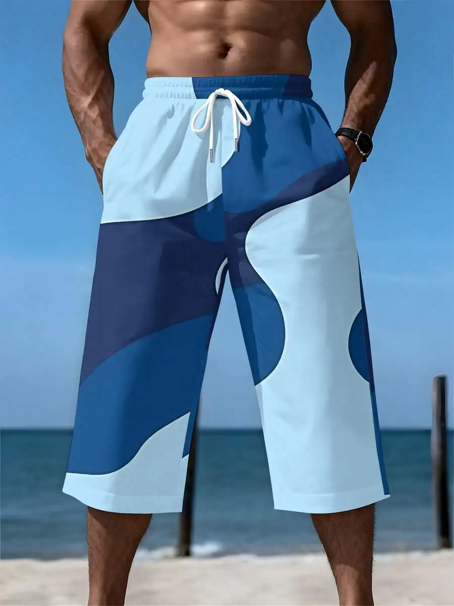 

Mens Calf-Length Shorts Blue White Geometric Abstract Print Woven Drawstring Casual Vacation