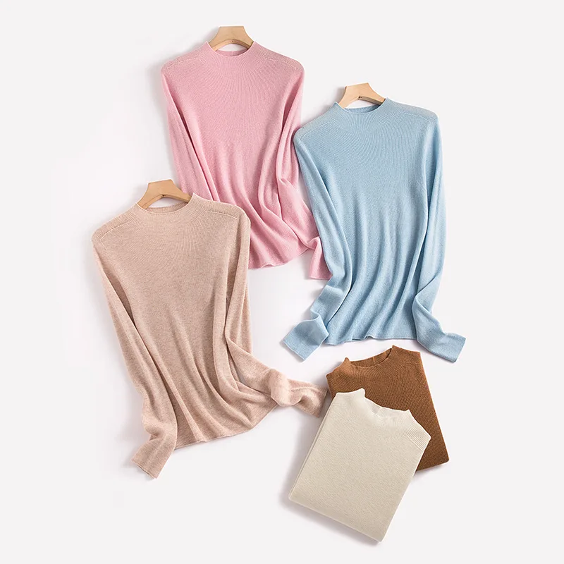 Woman Mock Neck Pullovers 100%Sheep Wool Seamless Plain Knitted Slim Sweaters 2023 Fall Winter Basic Top Pink Beige DALINN