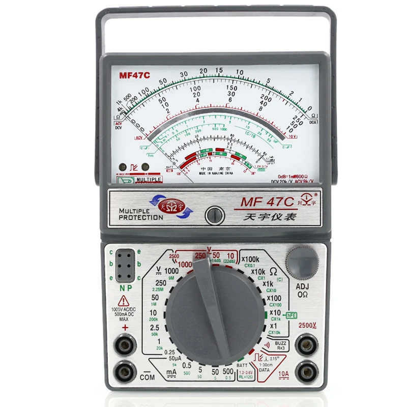 MF47C High Precision Pointer Multimetro Ammeter Voltmeter Analog Meter Anti Burning High Precision 2500V Multimeter rx100k