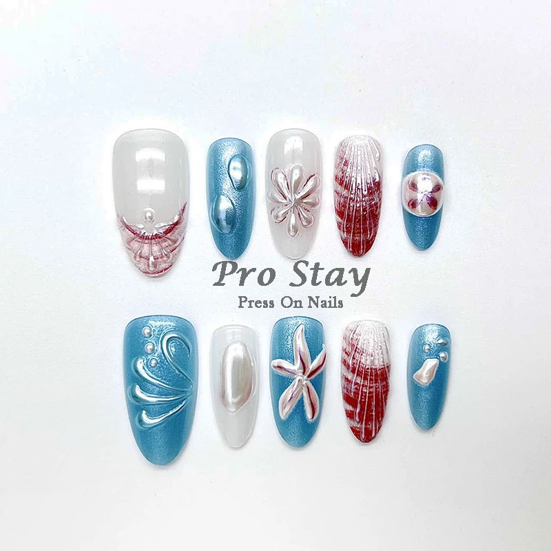 10pcs Pink Almond French  Handmade Press on Nail with Silver 3D Pearl Bow Flower Pattern Reusable Full Cover Tips for Women - Image 3