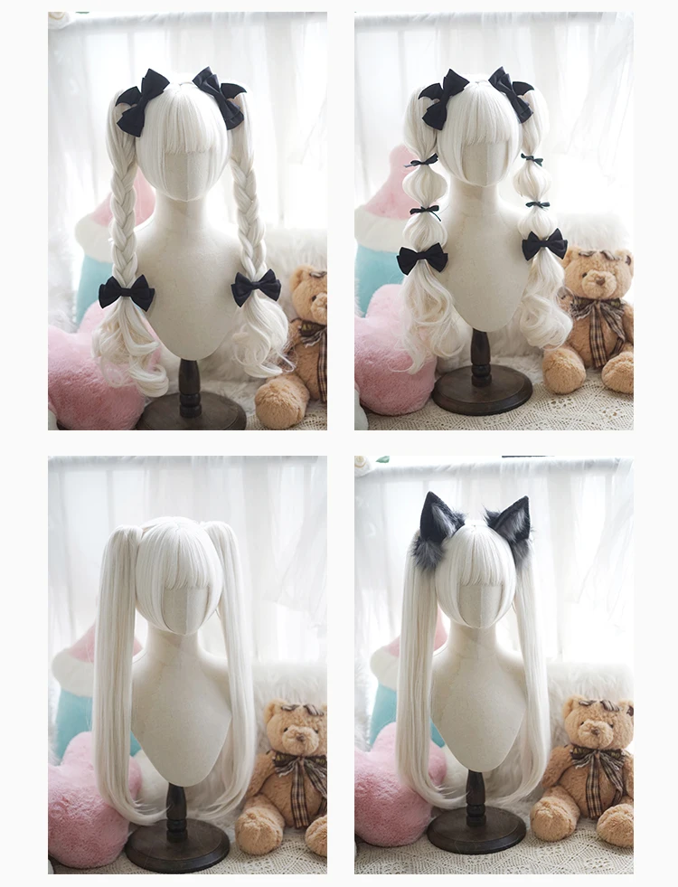 Lolita Style Curly Straight Double Ponytails Wig | Heat Resistant Synthetic Hair with Bangs for Cosplay, Halloween, Anime Theme