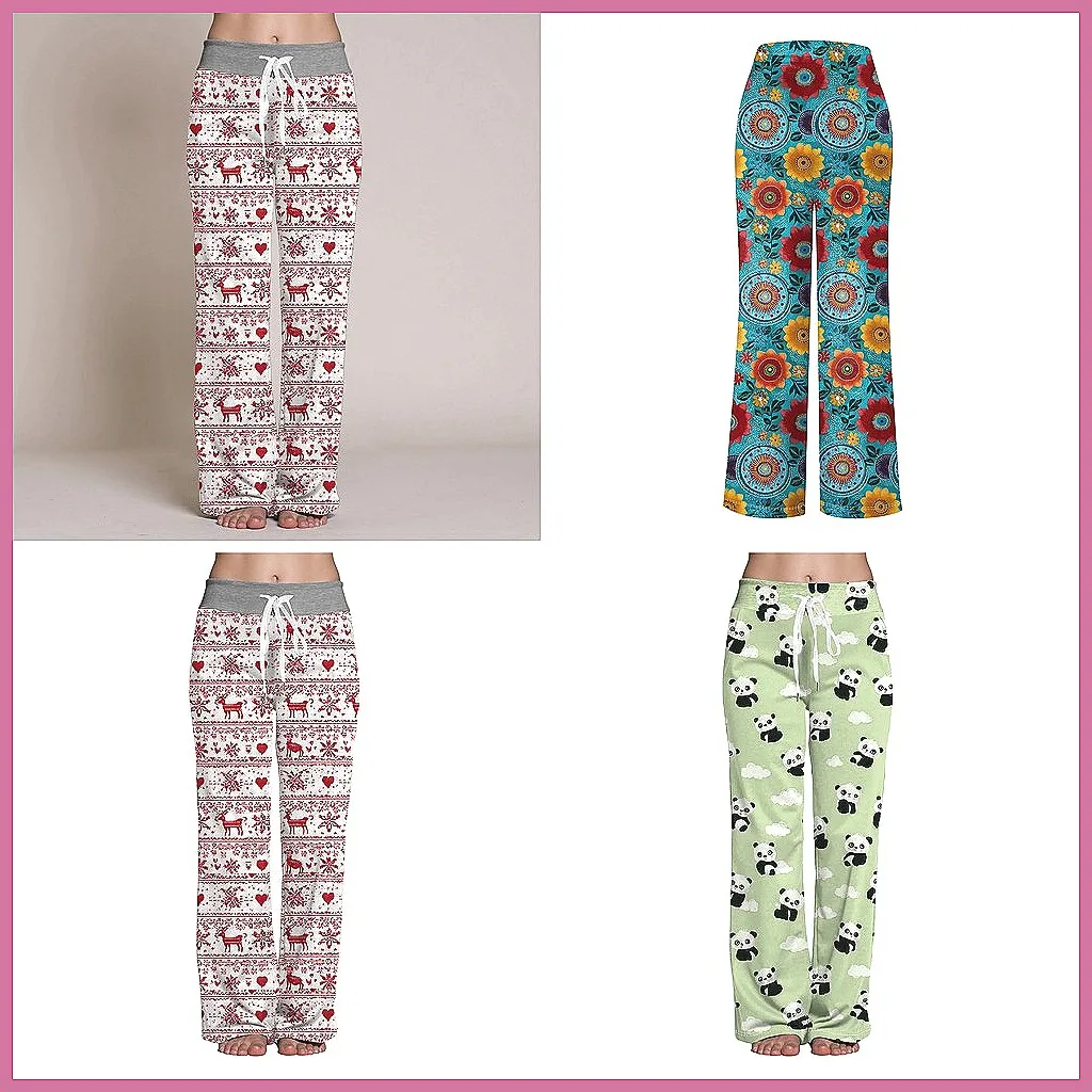 

Women's Cotton Pajama Pants - Printed Stretch Wide Leg Lounge Pants with Drawstring Waist