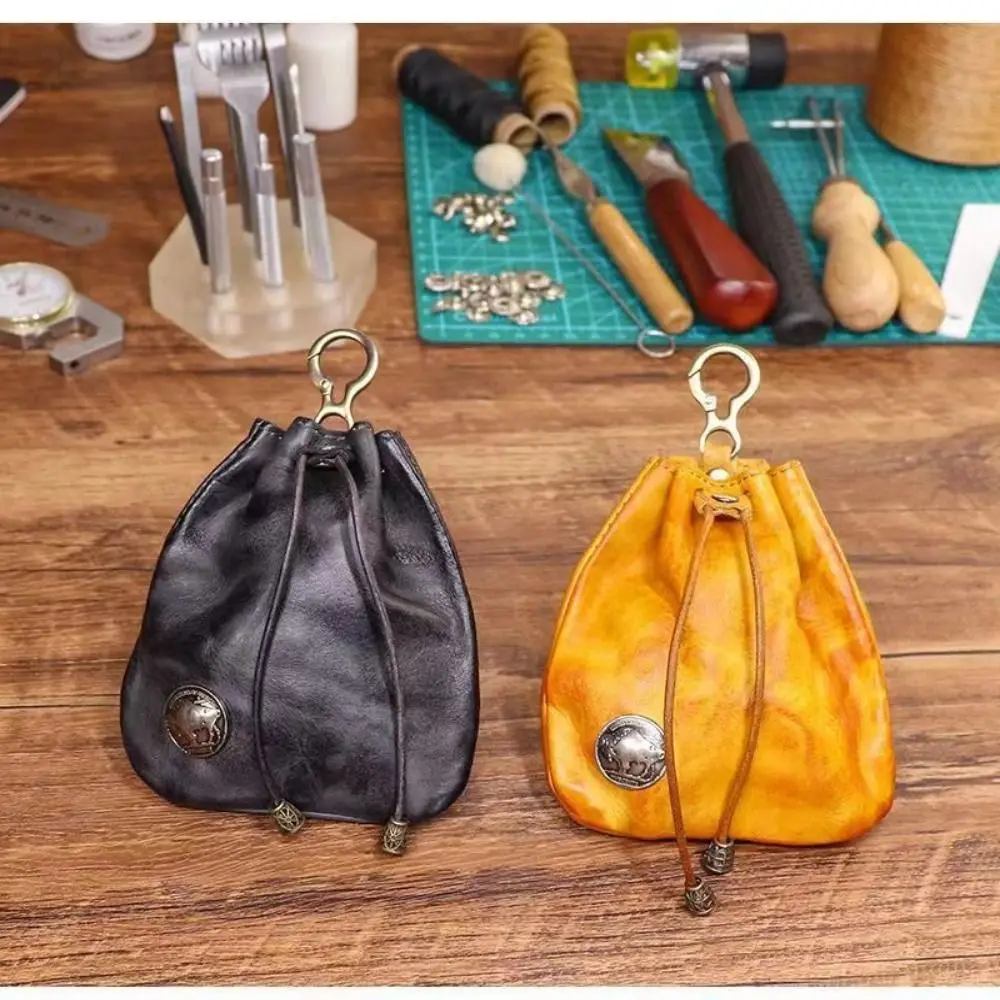 Exquisite Vintage Drawstring Key Wallet Retro Mini Pouch Change Purse Multifunction PU Coin Organizer Waist Bag for Women