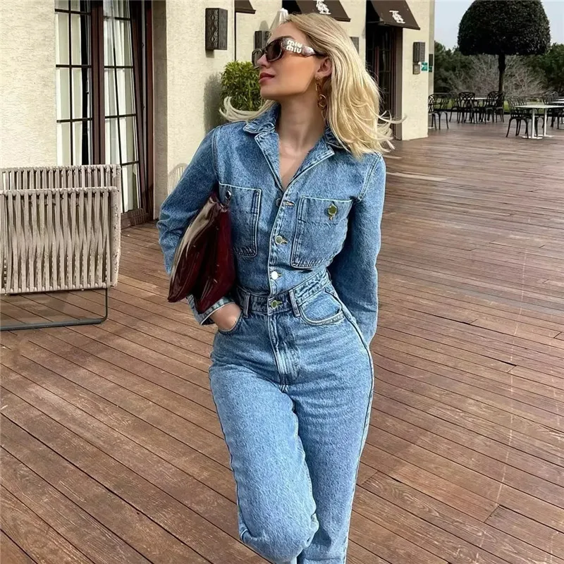 TRAF 2023 Woman Denim Jumpsuit Women\'s Jeans Overalls Long Sleeve Women Elegant Long Jumpsuits Y2k Streetwear Summer Jumpsuit