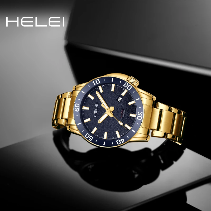 남성용 오리지널 쿼츠 시계, 노란색 스테인리스 스틸 시계, 방수 야광 시계, 패션 손목시계, 제인 시계, HELEI2024