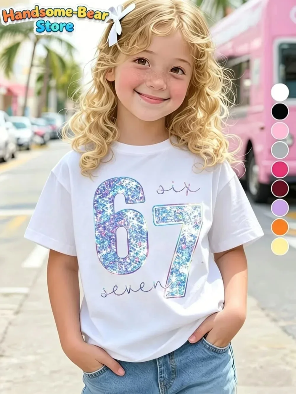 Summer Popular 67 Meme Sequin  Print T-Shirt for Girls Round Neck Short Sleeved Boy Girl Tops Comfortable Casual Kids Clothes