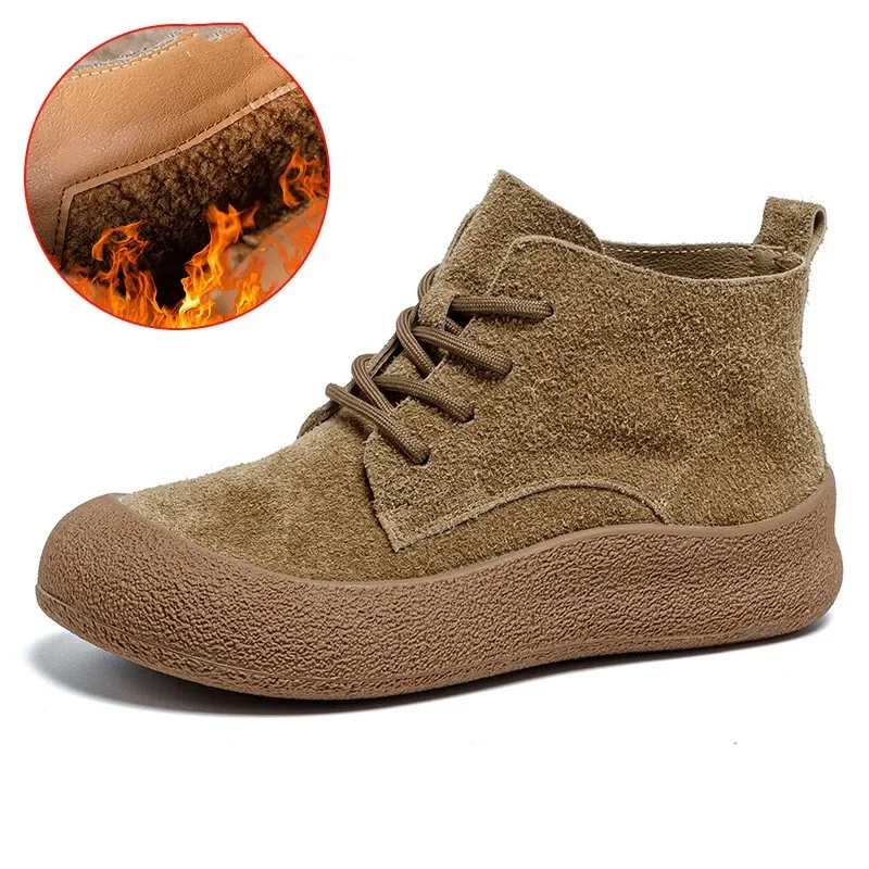 

Fall Winter Genuine Leather Ankle Boots Women Round Toe Lace-up Comfortable Flat Boots Anti-slip Plus Size Fur Botas Mujer
