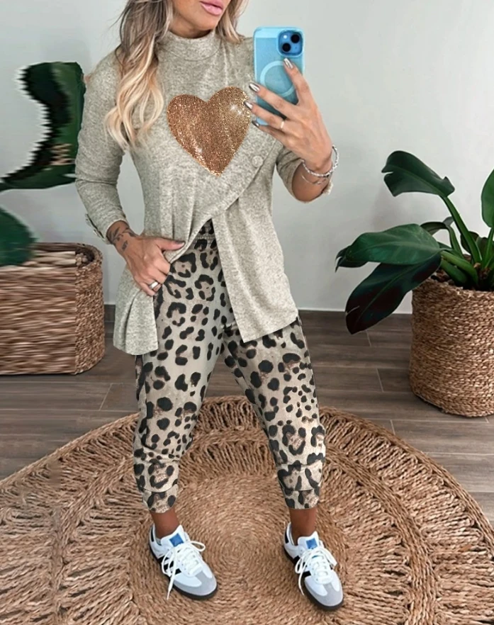 2 Piece Heart Pattern Contrast Sequin Mock Neck Long Sleeve Slit Top Leopard Print High Waist Cuffed Pants Lounge Sets