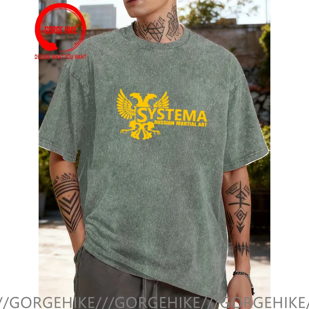 Vintage Washed Cotton T-Shirt Funny Designer Russia Systema T Shirt Men Fashion Trendy Casual Clothing Stylish Tops Tees
