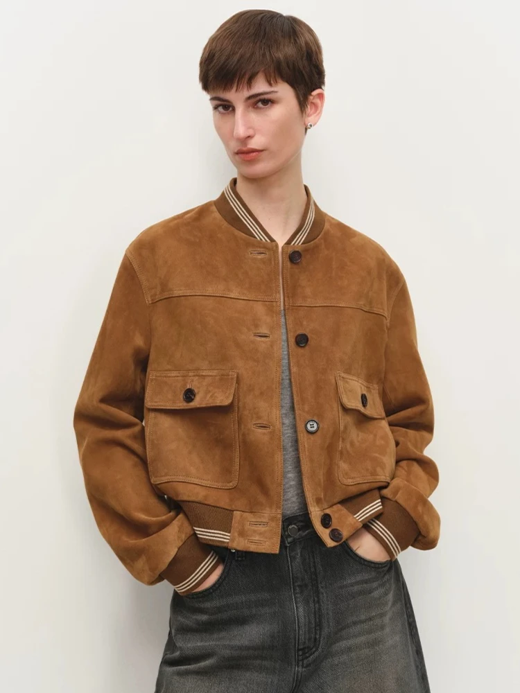 

Casual Cropped Genuine Leather Bomber Jackets Women Spring Autumn Simple Contrast Striped Stand Collar Real Sheepskin Suede Coat