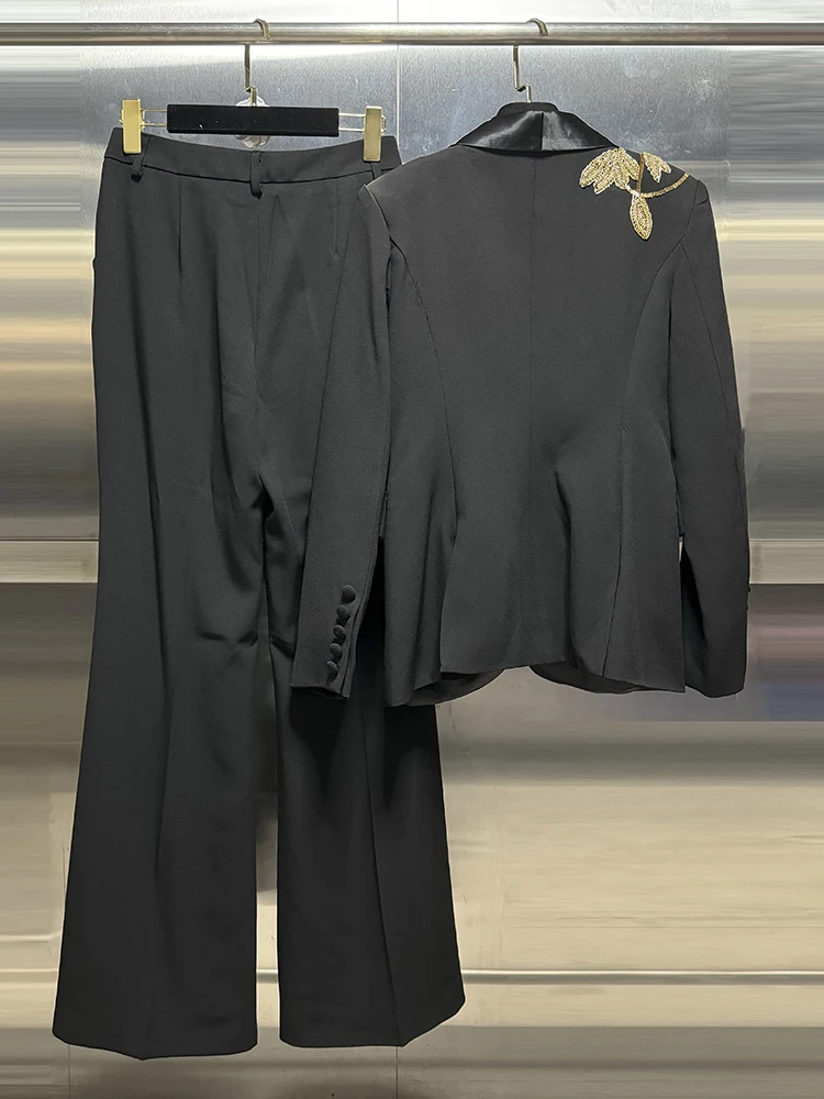 VGH Casual Slimming Two Piece Sets For Women Notched Collor Long Sleeve Blazers High Waist Wide Leg Pants Minimalist Set Female