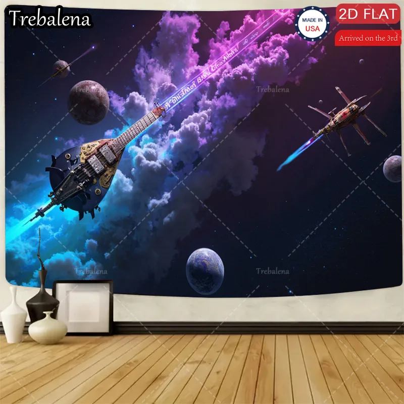 

1pc Wall Tapestry Cosmic Guitar Space Scene Tapestry - 2D Flat Design, USA Made, Arrives Fast