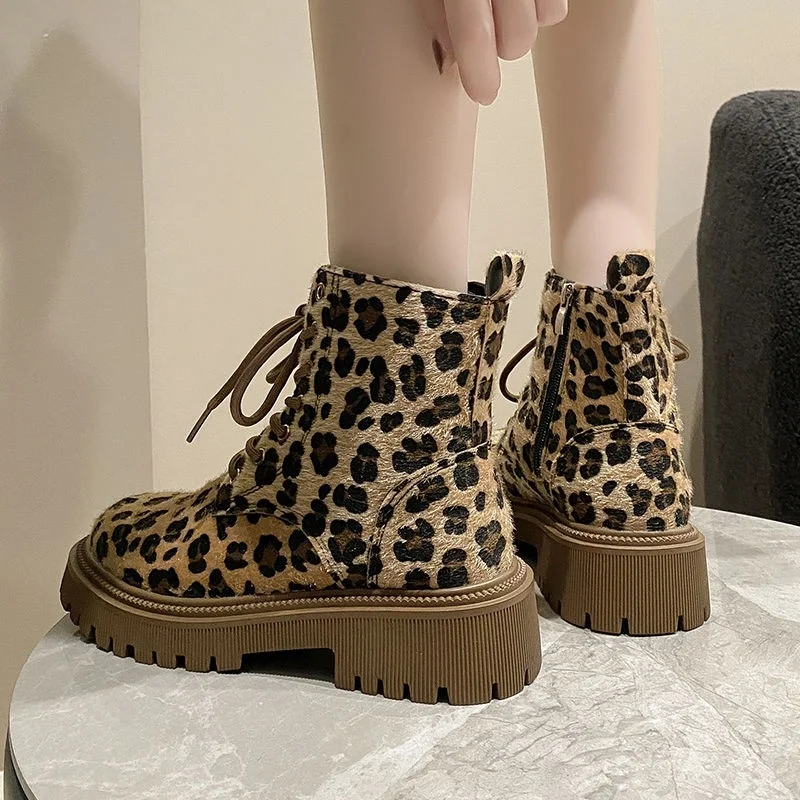 Thick Sole Ankle Boots For Women Sneakers 2025 Autumn Winter Leopard Motorcycle Boots Female Plush Retro Casual Platform Shoes image 5