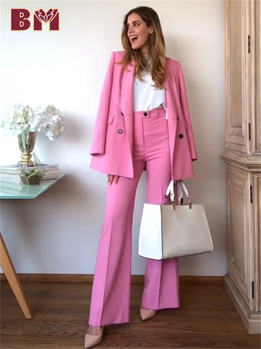 

BRLMALL-2PCS Fashion Pink Women Suit Set Jacket Pant 2025 Classic Double Breasted Office Suit Jacket Women Wedding Customized