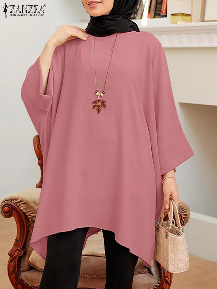 Women Fashion Long Sleeve Muslim Blouse ZANZEA Elegant Tunic Tops Solid Shirt Female Casual Loose Ramadan Abaya Turkey Blusas