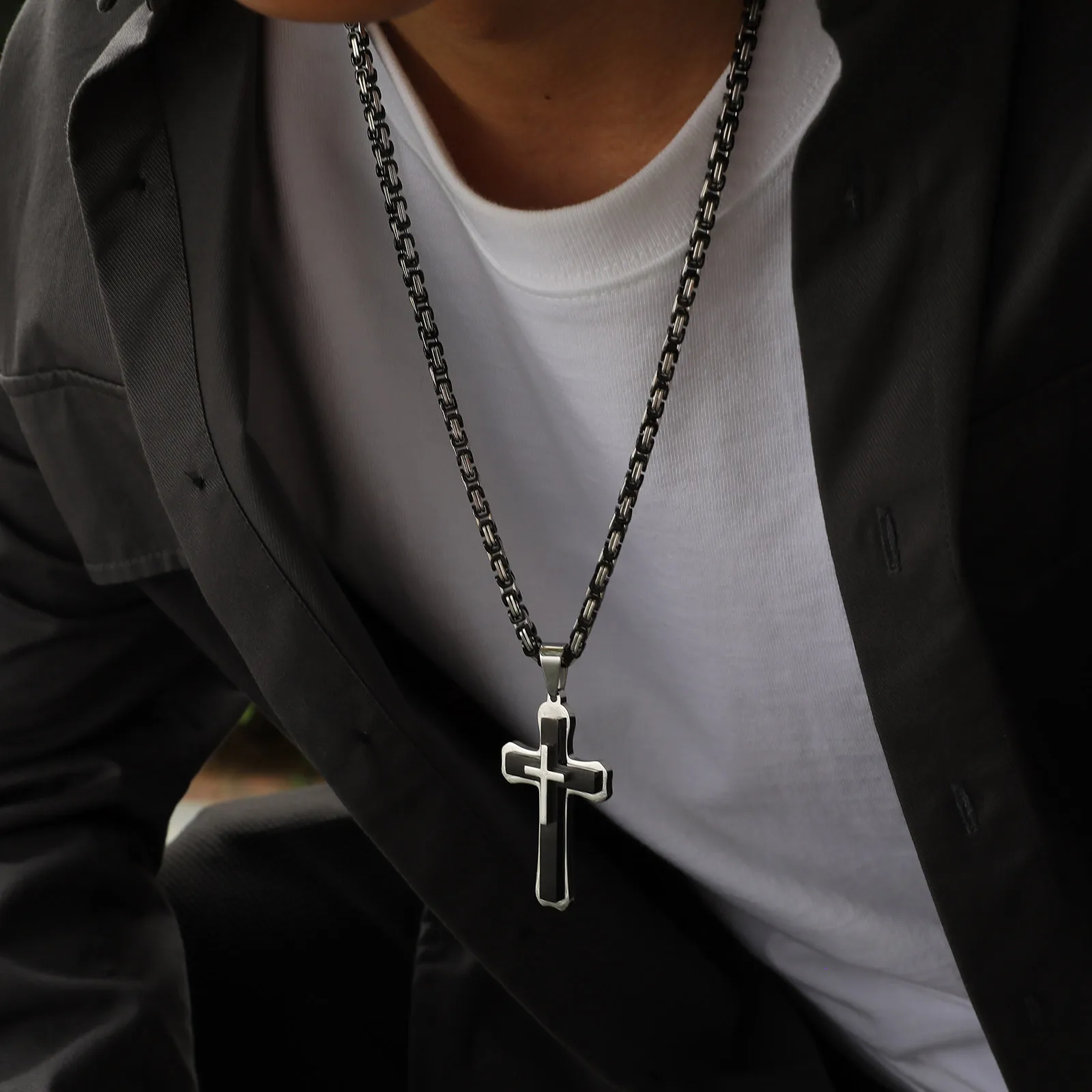 MP Heavy Cross Necklaces for Men Boys,Retro Byzantine Link Chain Necklace,Two Tones Pendant Necklace,Prayer Jewelry