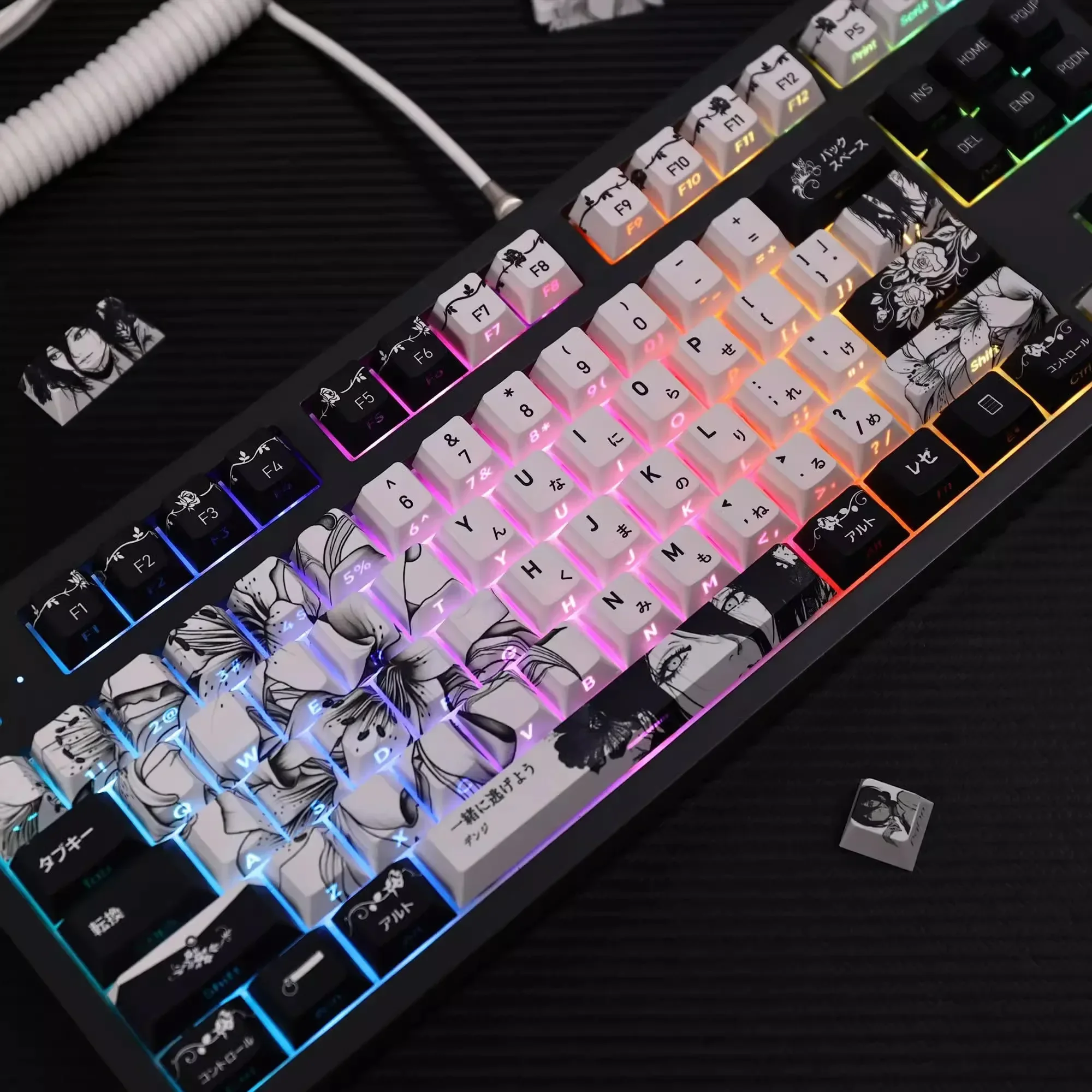 REZE أبيض أسود أنيمي موضوع كيكابس الكرز الشخصي مخصص PBT صبغ التسامي ل Mad 60he Aula Win60 Wooting60 لوحة المفاتيح