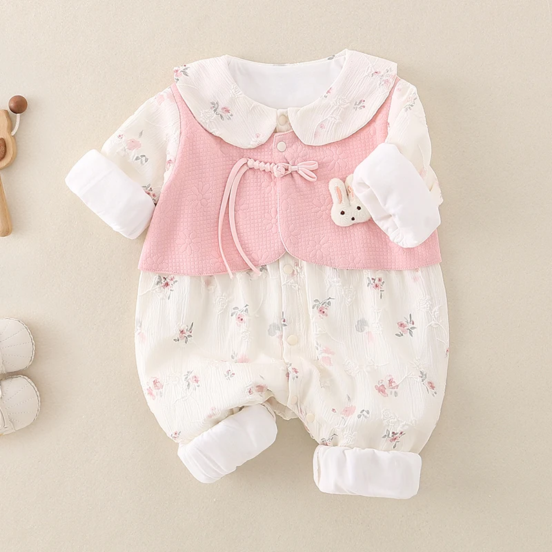 

Spring Baby Romper Long Sleeve Princess Birthday Outfit Girl Spring Outerwear Traditional Chinese Style Two-Piece Set Cotton