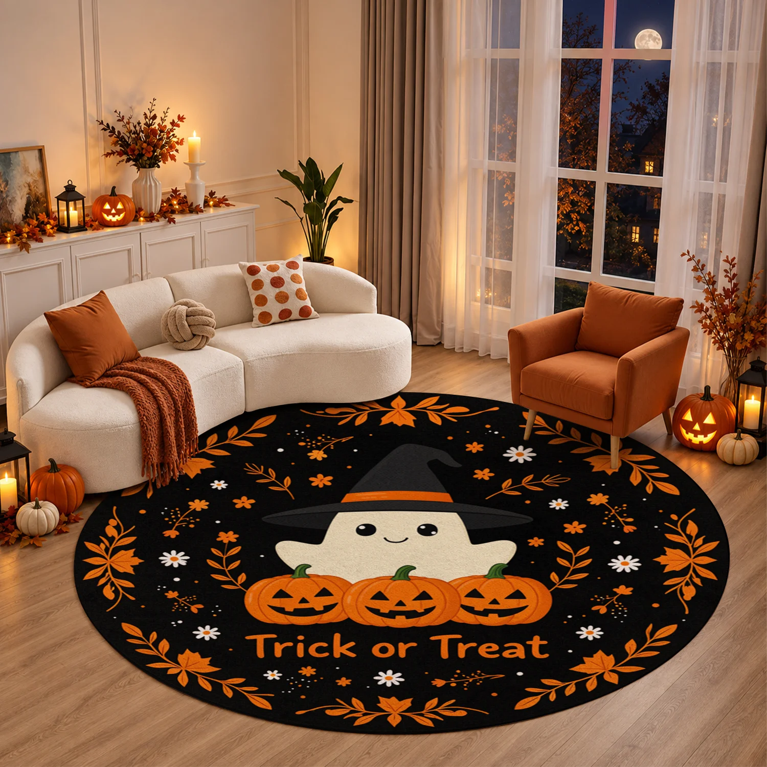 Cute Halloween Ghost Pumpkin Trick Or Treat Pattern Round Velvet Rug, Machine Washable, Suitable for Entryway, Living Room, Bedroom, Dining Room, Great Decor for Halloween, Thanksgiving, Christmas, New Year, Black Friday, Cyber Monday
