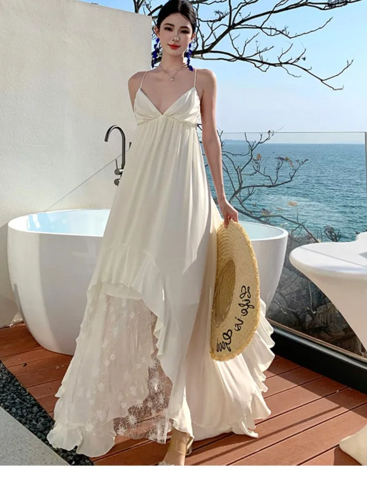 

2025 Summer Holiday Style Suspender Dress Women Retro Splicing Lace Ruffle Hem Chiffon Dresses Casual Beach Bohemian Dress