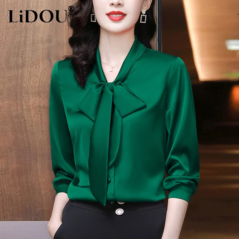 Spring Summer Oversized Elegant Fashion Solid Color Bow Shirt Ladies Long Sleeve Temperament All-match Blouse Femme Cardigan Top