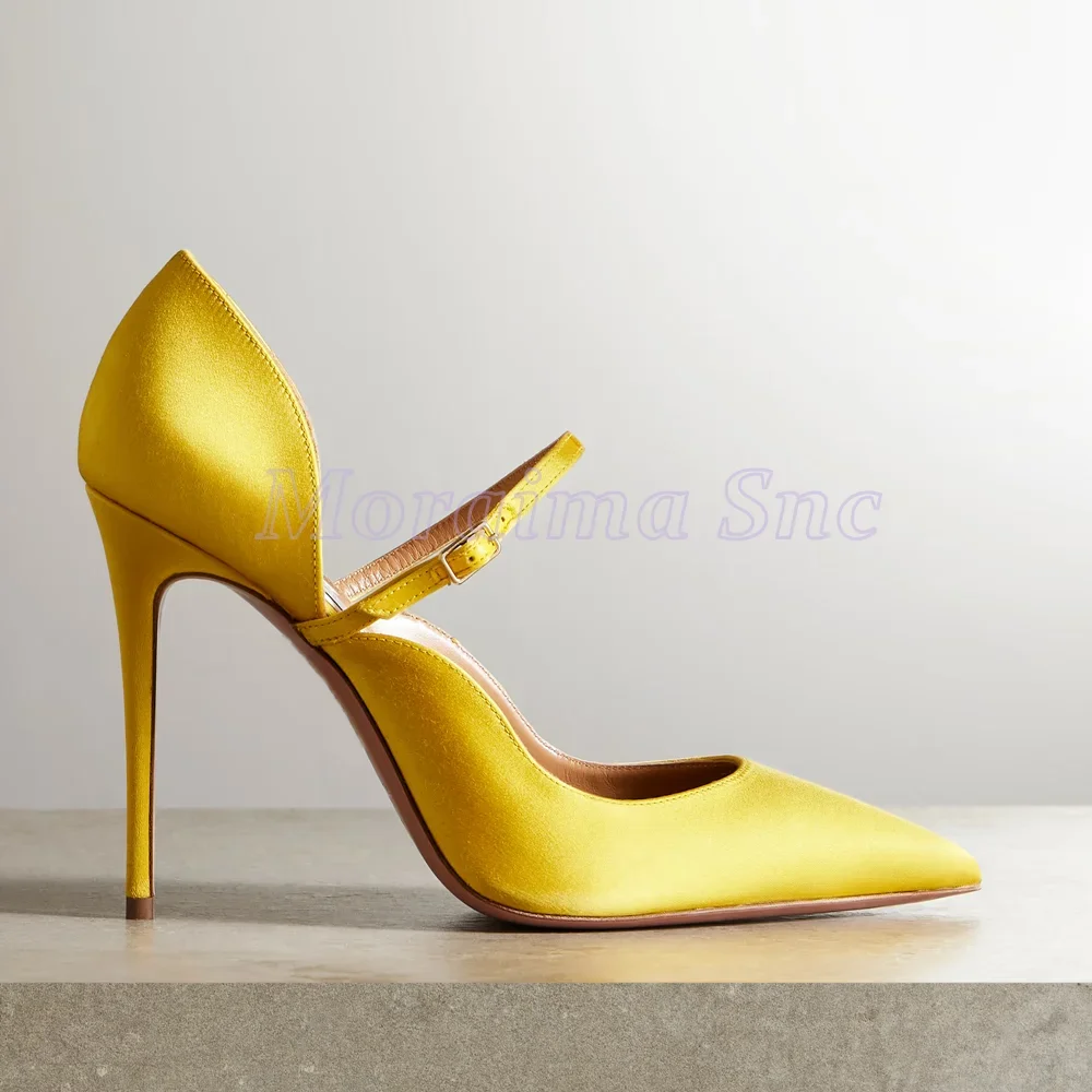 Pointed Toe Satin Shallow Sandals Stiletto High Heel Ankle Buckle Strap Fashion Yellow Women's Summer Shoes Banquet 2025 Newest