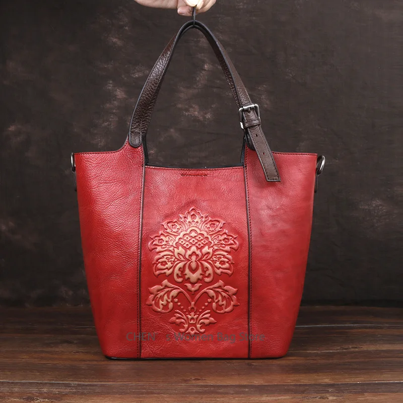 

Large Capacity Bucket Bag 2025 New Vintage Luxury Handbags Women Genuine Cowhide Handmade Embossing Woman Shoulder Bags