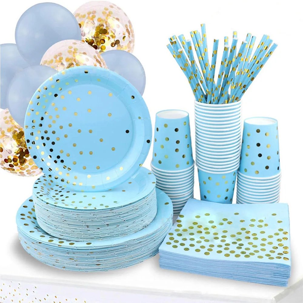 Blue Gold Dot Party Supplies Disposable Party Dinnerware Paper Plate Napkin Cup Tablecloth for Birthday Wedding party decoration