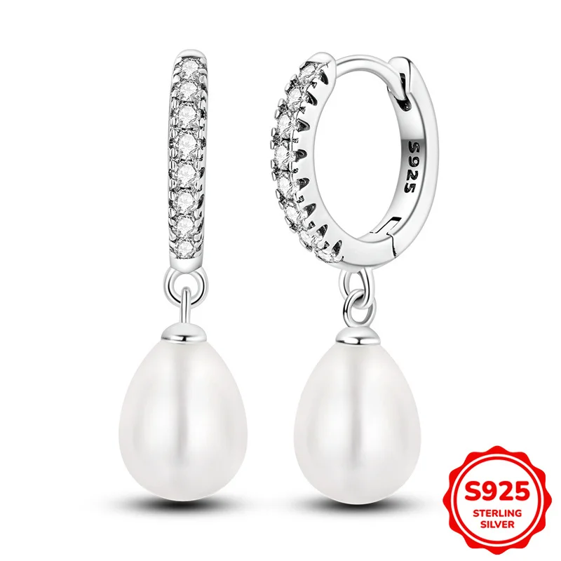 

100% 925 Sterling Silver Earrings Women Shiny Teardrop Pearl Hoop Earring For Anniversary Wedding Jewelry Gifts