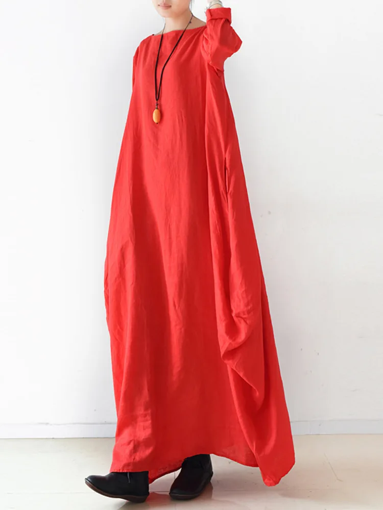 SHENGPALAE Elegant Female Loose Long Dress Solid Slash Neck Design Big Size Women Red Dresses 2024 Autumn New Tide 5C1536