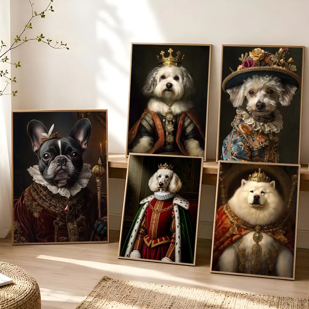 Dog King Vintage Royal Portrait Poster Stickers Painting Self-Adhesive Mural Wall Decals for Bedroom Living Room Home Decor Gift