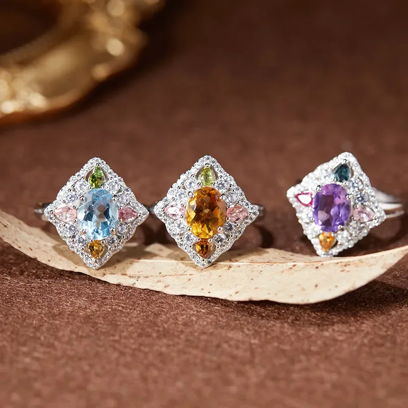 Natural color treasure citrine amethyst topaz tourmaline ring women's s925 sterling silver live broadcast explosion factory