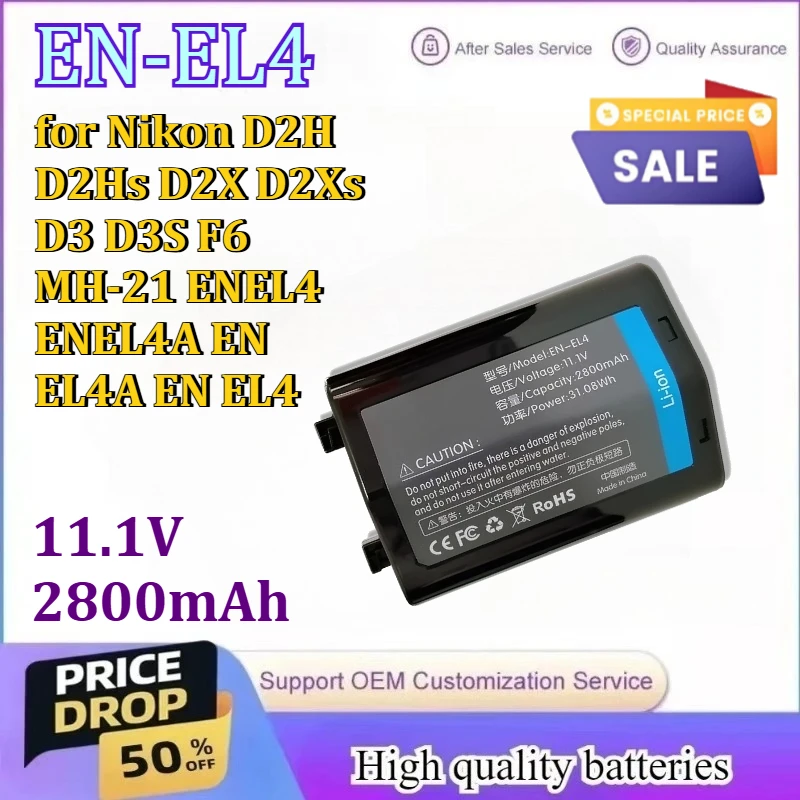 

EN-EL4 EL4A 11.1V 2800mAh Camera Battery for Nikon D2H D2Hs D2X D2Xs D3 D3S F6 MH-21 ENEL4 ENEL4A EN EL4A EN EL4 Digital Battery