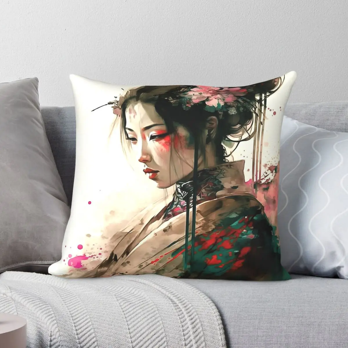 Geisha Japan Square Pillowcase Polyester Linen Velvet Creative Zip Decor Room Cushion Cover 18
