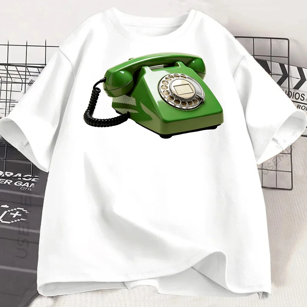 

Vintage Green Rotary Phone Graphic T-Shirt, Retro Telephone Print Casual White Tee, Nostalgic Old School Communication Shirt