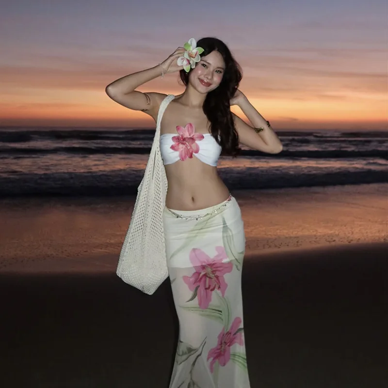 Fashion Flower Print Skirt Two Piece Set Women Sexy 3D Flowers Tube Top Package Hip Skirts 2 Piece Sets Trendy Hot Girl Female