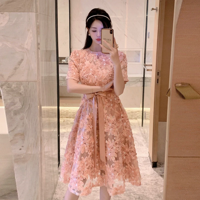 

Dress Women Summer 2024 New French Style Cute Embroidery Short Sleeve Floral Print Zipper O-Neck Sequins Dresses
